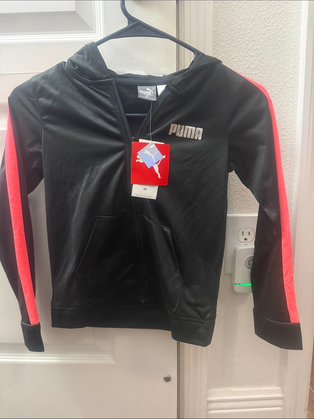 Puma Black Hoodie with Pink Sleeve Stripes - Kids Zip Front